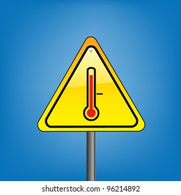 Yellow triangle hazard warning sign against blue sky - high temperature indication, vector version