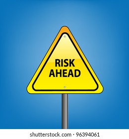 Yellow triangle hazard warning sign against blue sky - risk ahead indication, vector version