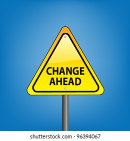 Yellow triangle hazard warning sign against blue sky - change ahead indication with arrows, vector version
