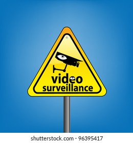 Yellow triangle hazard warning sign against blue sky - CCTV surveillance in operation concept, vector version