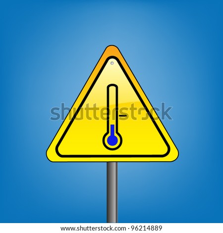Yellow triangle hazard warning sign against blue sky - low temperature indication, vector version