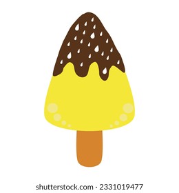 Dibujo de helados triangulares amarillos con acristalamiento de chocolate marrón encima y agua espolvorosa cae en forma de capucha blanca.