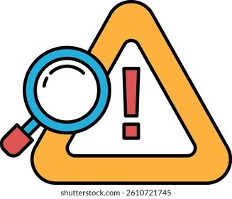 A yellow triangle with a magnifying glass in the middle. The triangle is red and blue