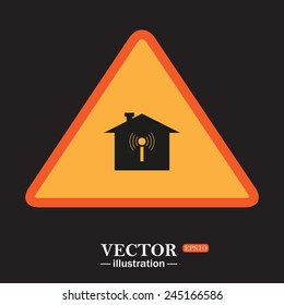 Yellow triangle on a black background, The house is surrounded by a network wi-fi , vector illustration, EPS 10