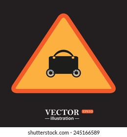 Yellow triangle on a black background, suitcase on wheels , vector illustration, EPS 10