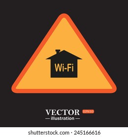 Yellow triangle on a black background, The house is surrounded by a network wi-fi , vector illustration, EPS 10
