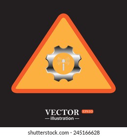 Yellow triangle on a black background, Toothed setting controls via wi-fi network, vector illustration, EPS 10