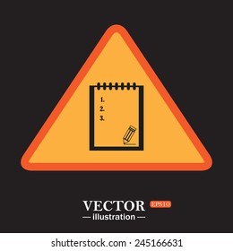 Yellow triangle on a black background, tablet with paper, vector illustration, EPS 10