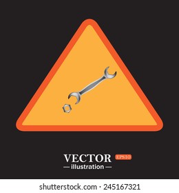 Yellow triangle on a black background, realistic wrench , vector illustration, EPS 10
