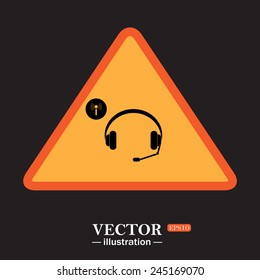 Yellow triangle on a black background,  Headphones. Musical accessories running through wi-fi network,  vector illustration, EPS 10