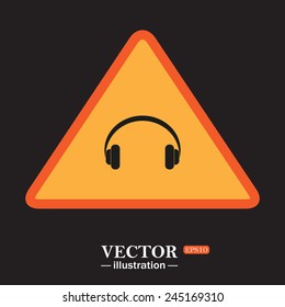 Yellow triangle on a black background, Headphones. Musical accessory, , vector illustration, EPS 10
