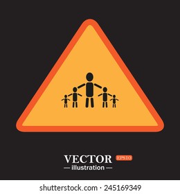 Yellow triangle on a black background, kids silhouette family , vector illustration, EPS 10