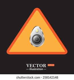 Yellow triangle on a black background. icon smartphone camera and flash, vector illustration, EPS 10