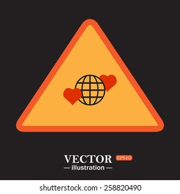 Yellow triangle on a black background.  Icon planet and two red hearts. Symbol of love between the nation. Globe.  vector illustration, EPS 10 