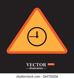 Yellow triangle on a black background.  clock icon. Flat design style, vector illustration, EPS 10 