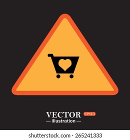 Yellow triangle on a black background.   Favorite products. Favorite purchase. Heart.  put in shopping cart , vector illustration, EPS 10