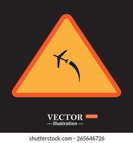 Yellow triangle on a black background.  The plane takes off. Icon plane. Vector illustration, EPS 10