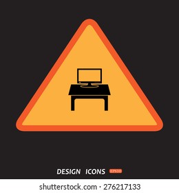 Yellow triangle on a black background. Computer desk, workplace. icon. vector design