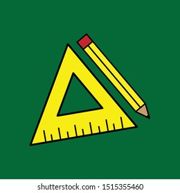 Yellow Triangle And Pencil Icon On Green Background Vector / Illustration