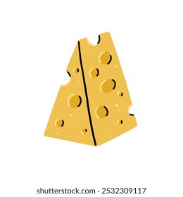 Yellow Triangle Piece of Cheese. Cheesy Food Vector Illustration in Hand Drawn Style on White Isolated Background