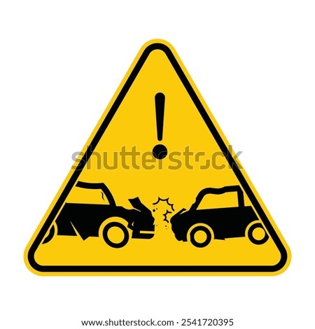 Yellow triangle roas sign, caution car collusion, slow your speed, vehicle crash alert