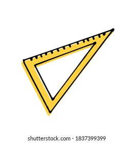yellow triangle ruler vector illustration. thin black outline on white background. hand drawn vector. doodle stationery for logo, sticker, clipart, banner, poster, wallpaper, cover, symbol, advert.