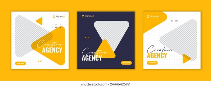 Yellow triangle shape corporate social media post design, minimal business square post vector set