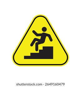 Ein gelbes Dreiecksschild mit schwarzem Rand zeigt eine Strichfigur, die eine schwarze Treppe hinunterfällt und eine Warnung, ein flaches Design und helles Licht vermittelt.