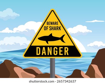 sinal de triângulo amarelo perigo cuidado tubarão no fundo do mar	