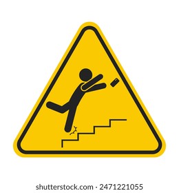 Yellow triangle sign do not use mobile phone on stairs, man falling on stair with phone