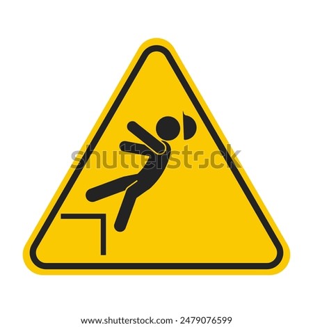 Yellow triangle sign worker falling from edge of a roof building, for safety sign label