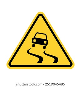 Señal de advertencia de la carretera resbaladiza del triángulo amarillo. Conduzca con precaución