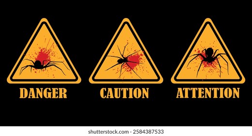 Yellow triangle symbol danger caution. Vector set spider with blood splashes