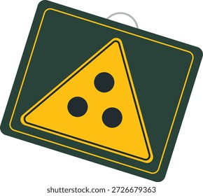 Triángulo amarillo con tres puntos sobre fondo verde oscuro, símbolo de advertencia de señal de tráfico para personas con discapacidad auditiva y sordas