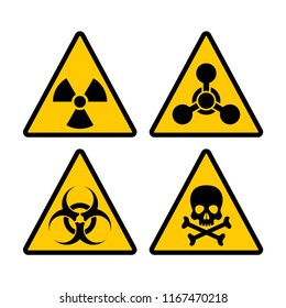 Yellow triangle warning biohazard, radioactive and toxic sign set. Biohazard, chemical hazard warning triangular vector symbol stickers.