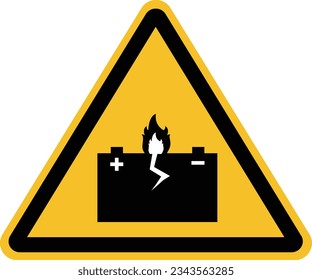 Signo de advertencia del triángulo amarillo con el icono de la batería. Señal de advertencia de pilas peligrosas. estilo plano. 