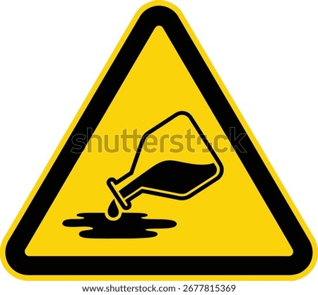 A yellow triangle warning sign with a black border depicts a chemical spill from an Erlenmeyer flask.