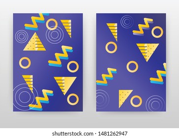 Yellow triangles and rounds on purple design for annual report, brochure, flyer, poster. Geometric abstract background vector illustration for flyer, leaflet, poster. Abstract A4 brochure template.