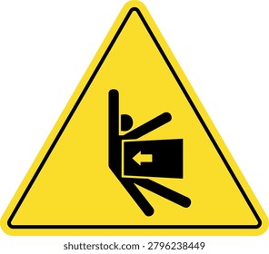 Yellow triangular crushing hazard warning sign for industrial safety, flat isolated illustration of pinch point danger.