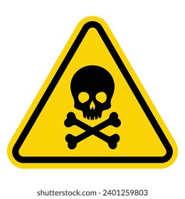 Yellow triangular Danger poison sign with skull and cross bones crossbones mark. Toxic, electricity or chemical Warning icon. Triangle symbol of death