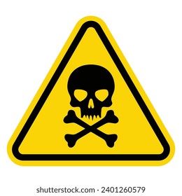 Yellow triangular Danger poison sign with skull and cross bones crossbones mark. Toxic, electricity or chemical Warning icon. Triangle symbol of death