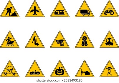 Yellow Triangular Road Signs. Vector Icons. Warning Signs. Road Works, Airport, Train, Heavy Truck. Farm Tractor, CCTV, Surfing, Child On Board, No Parking, and More