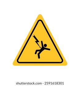 A yellow triangular security warning sign featuring an image of a man being electrocuted, isolated on a white background, Caution Symbol for Safety and Traffic Hazard