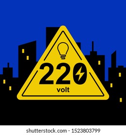 yellow triangular sign of 220 volts against the background of the night city. flat vector illustration.