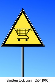 signo triangular amarillo con un carro de la compra contra un cielo azul