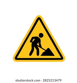Yellow triangular under construction men at work warning sign for website maintenance page and roadwork banner