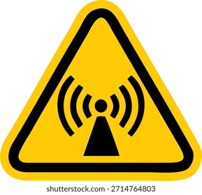 Una señal de advertencia triangular amarilla con un símbolo negro de radiación no ionizante. Seguir Advierte de los peligros de las radiaciones no ionizantes y recuerda a las personas que deben ser cautelosas y adoptar normas de seguridad. Adecuado para pegatinas, placas de acrílico o aluminio.