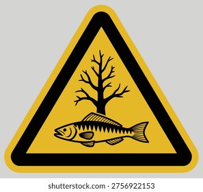 A yellow triangular warning sign with a black border, featuring a barren tree and a fish, symbolizing environmental hazard and danger to aquatic ecosystems.