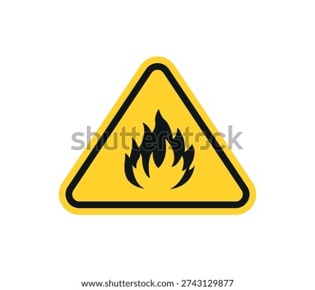 Yellow triangular warning sign with a black flame fire hazard caution icon symbol vector design on white background
