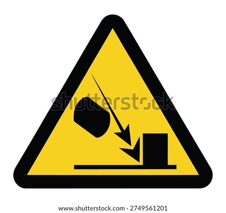 A yellow triangular warning sign with a black border and a pictogram indicating a falling object hazard, isolated on a white background.